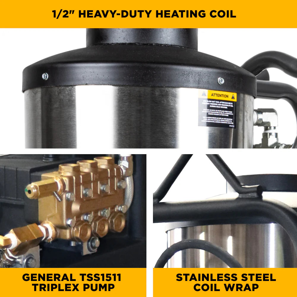 Industrial Electric Hot Water Pressure Washer – 4 GPM @ 2300 PSI | Baldor Motor | General TSS1511 Pump | Beckett Burner