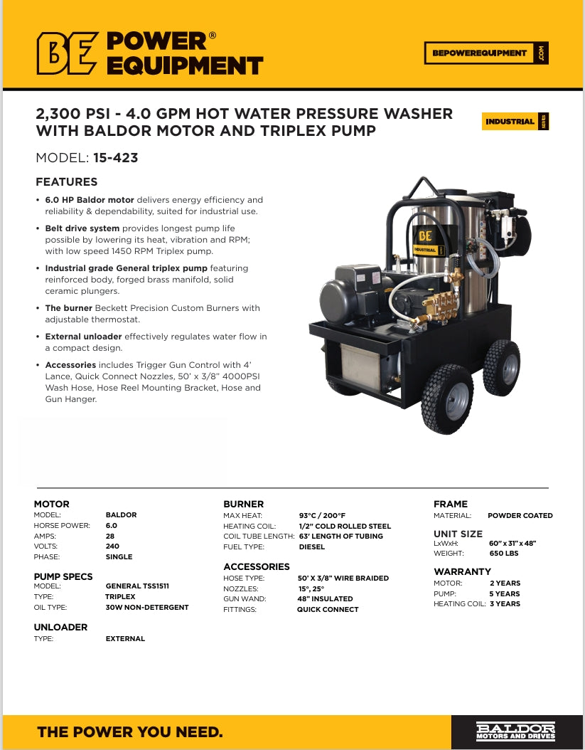 Industrial Electric Hot Water Pressure Washer – 4 GPM @ 2300 PSI | Baldor Motor | General TSS1511 Pump | Beckett Burner