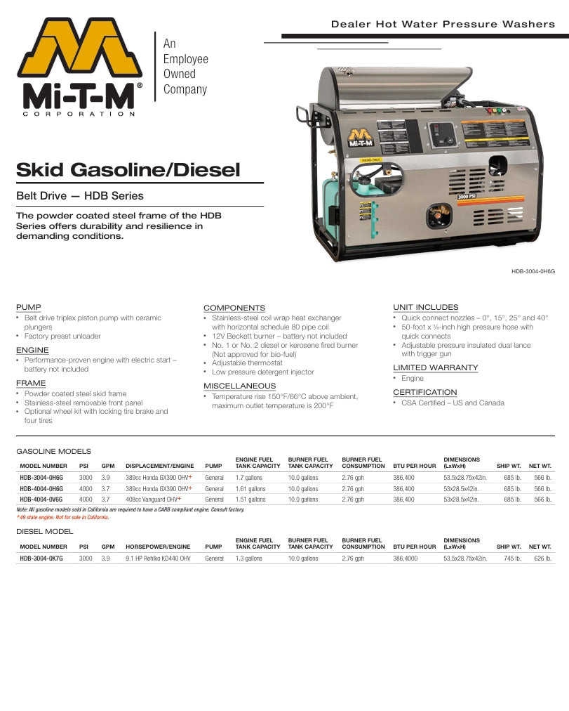 Mi-T-M HDB-4004-0H6G Commercial Hot Water Pressure Washer | 4000 PSI 4.0 GPM Honda GX390