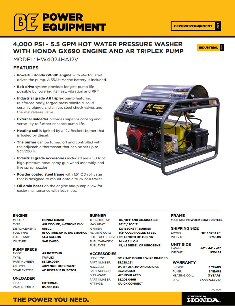 BE HW4024HA12V Hot Water Pressure Washer Skid – 5.5 GPM @ 4000 PSI, 12V Burner