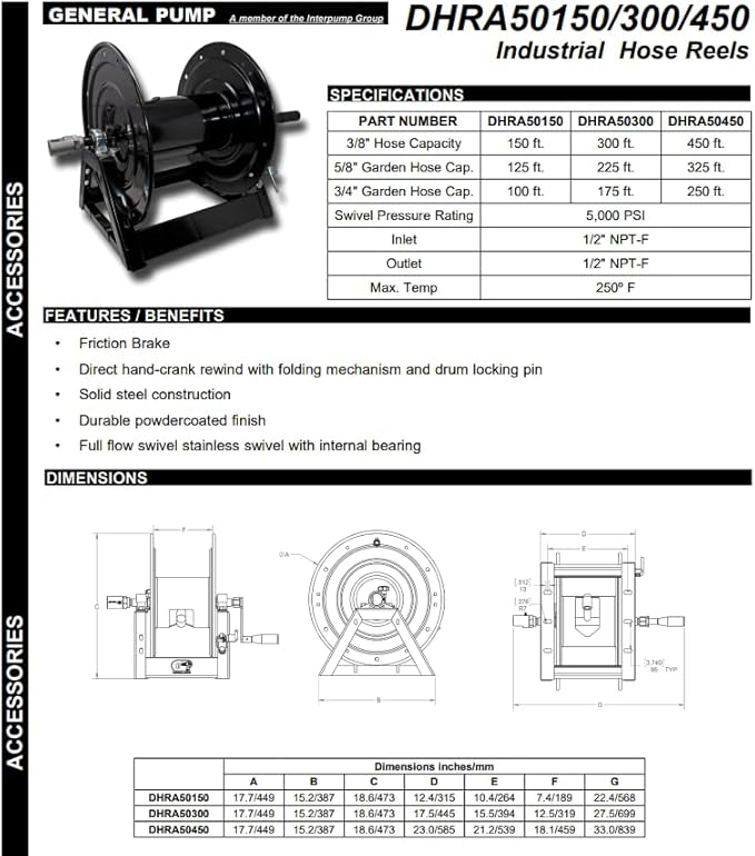 General Pump DHRA50300 Hose Reel – 300' Capacity