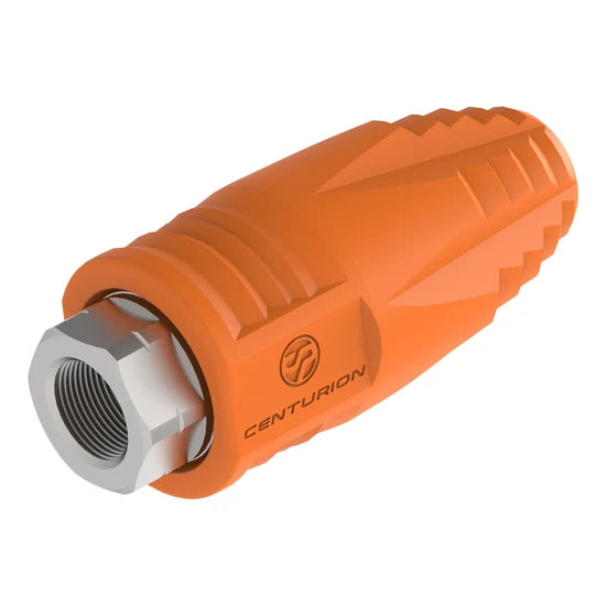 Centurion HX 8.0 rotating hydro excavation nozzle with orange protective housing and 1/2-inch FNPT inlet