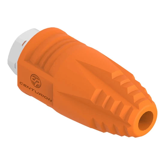 Outlet view of the Centurion HX 8.0 rotating hydro excavation nozzle with orange protective housing